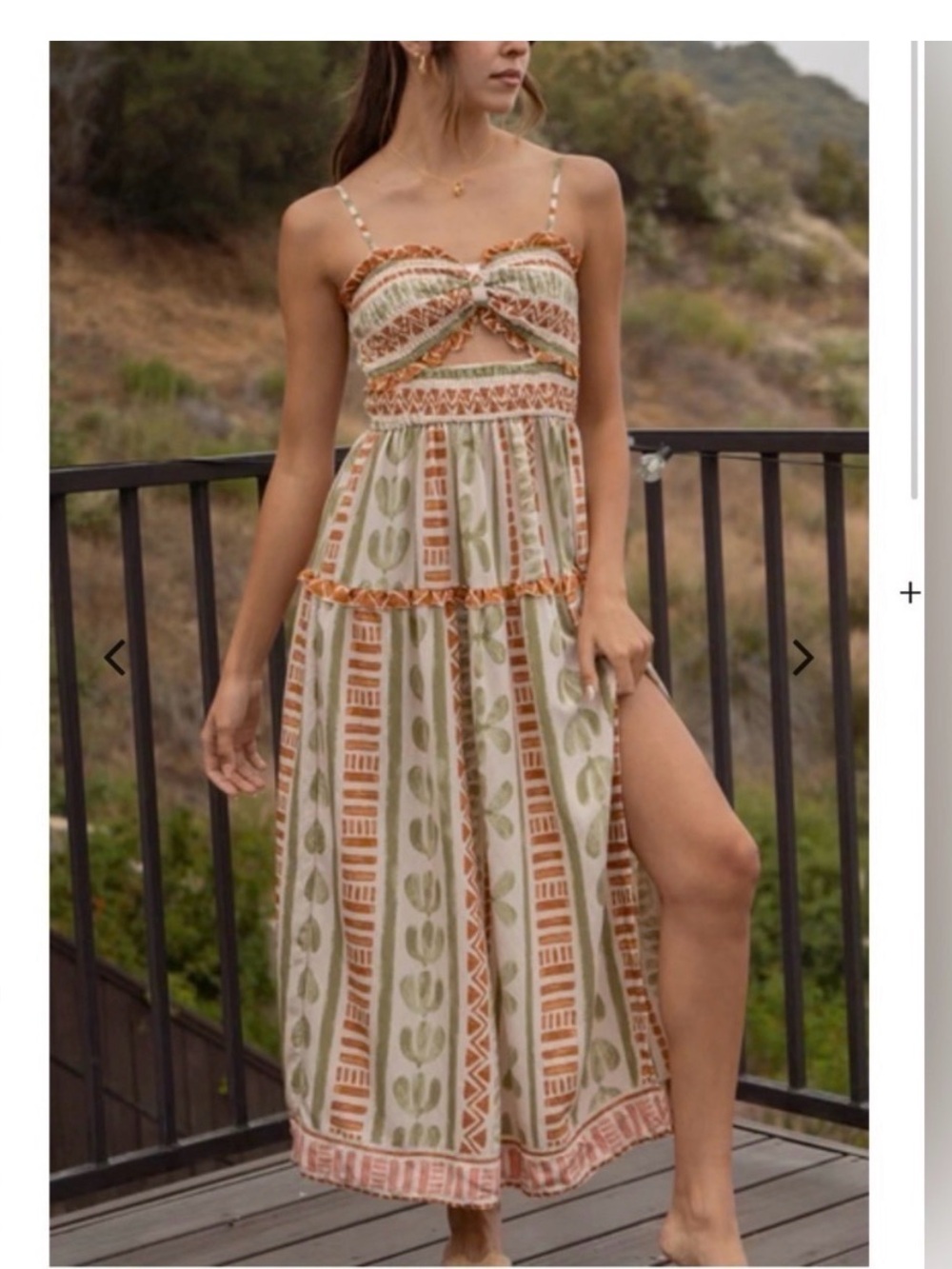 Boho Midi Dress in Cream with Olive & Rust Print by Dress Forum
